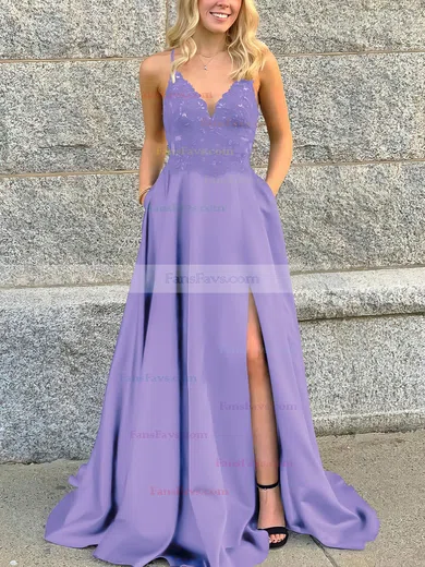 A-line V-neck Satin Sweep Train Beading Prom Dresses #Favs020106681