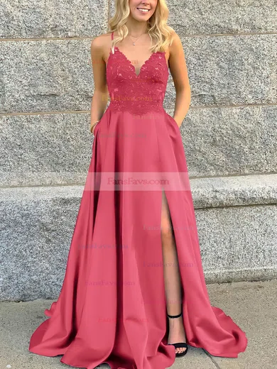 A-line V-neck Satin Sweep Train Beading Prom Dresses #Favs020106681