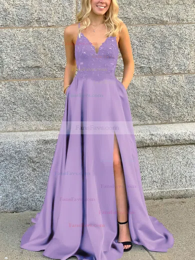 A-line V-neck Satin Sweep Train Beading Prom Dresses #Favs020106681