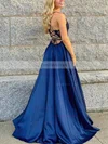 A-line V-neck Satin Sweep Train Beading Prom Dresses #Favs020106681