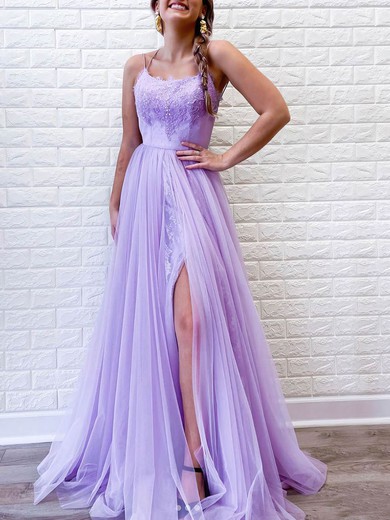 A-line Square Neckline Tulle Sweep Train Beading Prom Dresses #Favs020106682