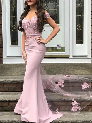 Trumpet/Mermaid Off-the-shoulder Satin Sweep Train Appliques Lace Prom Dresses #Favs020106687 Trumpet/Mermaid Off-the-shoulder Satin Sweep Train Appliques Lace Prom Dresses #Favs020106687
