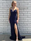 Trumpet/Mermaid V-neck Sequined Sweep Train Split Front Prom Dresses #Favs020106695