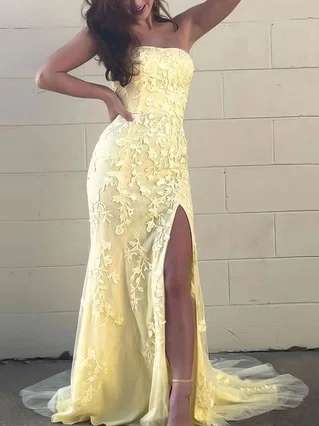 Trumpet/Mermaid Strapless Tulle Sweep Train Appliques Lace Prom Dresses #Favs020106701