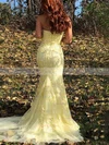 Trumpet/Mermaid Strapless Tulle Sweep Train Appliques Lace Prom Dresses #Favs020106701