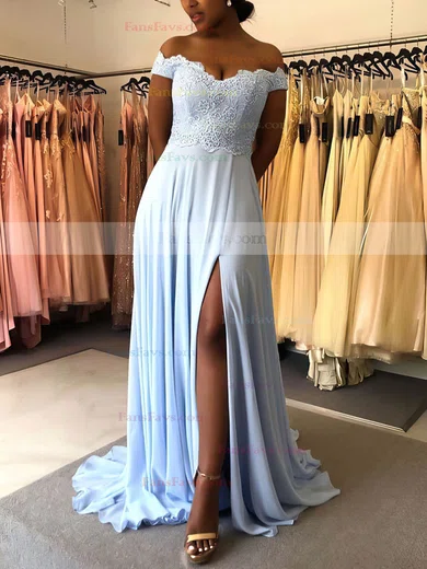 A-line Off-the-shoulder Chiffon Sweep Train Appliques Lace Prom Dresses #Favs020106711