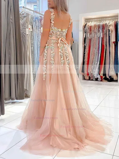 A-line Square Neckline Tulle Sweep Train Appliques Lace Prom Dresses #Favs020106723