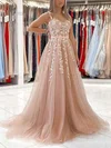 A-line Square Neckline Tulle Sweep Train Appliques Lace Prom Dresses #Favs020106723