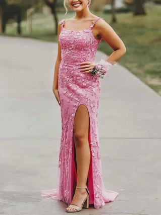 Sheath/Column Square Neckline Tulle Sweep Train Appliques Lace Prom Dresses #Favs020106726