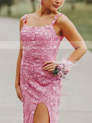 Sheath/Column Square Neckline Tulle Sweep Train Appliques Lace Prom Dresses #Favs020106726