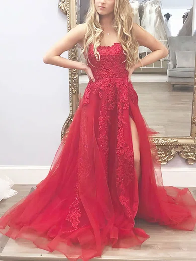 A-line Square Neckline Tulle Sweep Train Appliques Lace Prom Dresses #Favs020106727