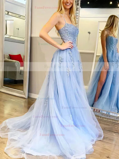 A-line Square Neckline Tulle Sweep Train Appliques Lace Prom Dresses #Favs020106727
