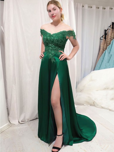 A-line Off-the-shoulder Silk-like Satin Sweep Train Beading Prom Dresses #Favs020106730