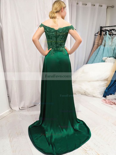 A-line Off-the-shoulder Silk-like Satin Sweep Train Beading Prom Dresses #Favs020106730