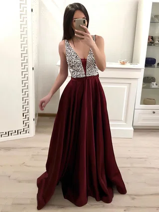 A-line V-neck Satin Sweep Train Beading Prom Dresses #Favs020106744 A-line V-neck Satin Sweep Train Beading Prom Dresses #Favs020106744