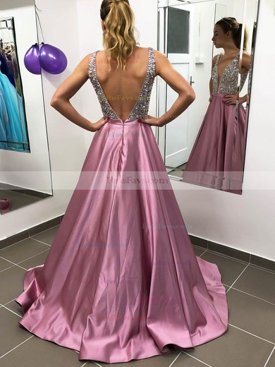 A-line V-neck Satin Sweep Train Beading Prom Dresses #Favs020106744