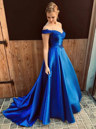 A-line Off-the-shoulder Satin Sweep Train Beading Prom Dresses #Favs020106745 A-line Off-the-shoulder Satin Sweep Train Beading Prom Dresses #Favs020106745