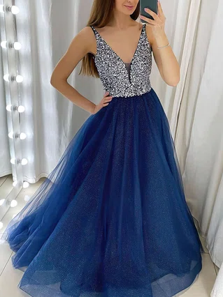 A-line V-neck Tulle Glitter Floor-length Beading Prom Dresses #Favs020106748 A-line V-neck Tulle Glitter Floor-length Beading Prom Dresses #Favs020106748