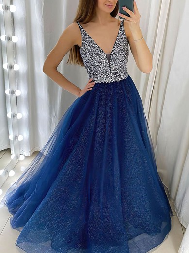 A-line V-neck Tulle Glitter Floor-length Beading Prom Dresses #Favs020106748