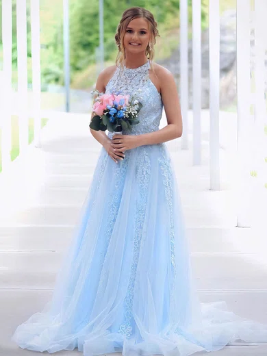 A-line Scoop Neck Tulle Sweep Train Beading Prom Dresses #Favs020106752