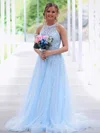 A-line Scoop Neck Tulle Sweep Train Beading Prom Dresses #Favs020106752