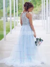 A-line Scoop Neck Tulle Sweep Train Beading Prom Dresses #Favs020106752