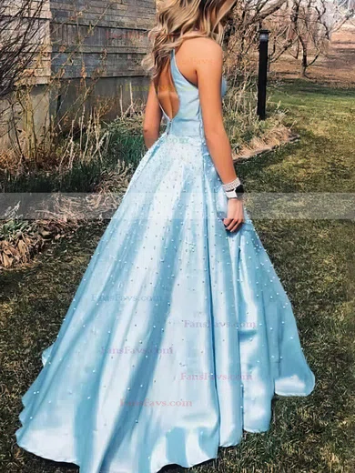 Ball Gown Scoop Neck Satin Sweep Train Beading Prom Dresses #Favs020106767