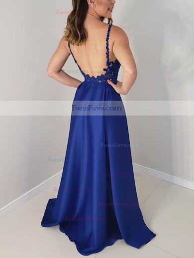 A-line V-neck Satin Sweep Train Beading Prom Dresses #Favs020106774
