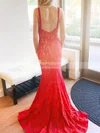 Trumpet/Mermaid V-neck Lace Sweep Train Beading Prom Dresses #Favs020106775