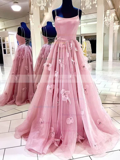 A-line Square Neckline Satin Organza Floor-length Flower(s) Prom Dresses #Favs020106783