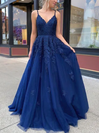 A-line V-neck Tulle Sweep Train Appliques Lace Prom Dresses #Favs020106787 A-line V-neck Tulle Sweep Train Appliques Lace Prom Dresses #Favs020106787