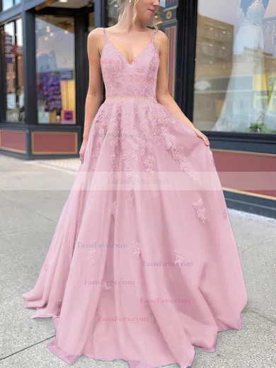 A-line V-neck Tulle Sweep Train Appliques Lace Prom Dresses #Favs020106787