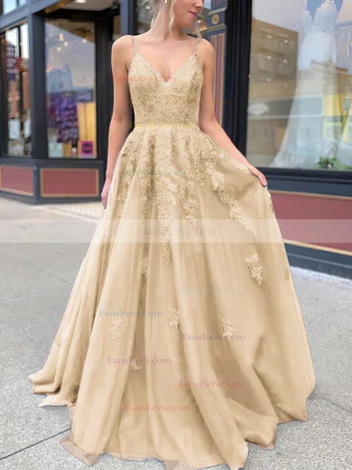 A-line V-neck Tulle Sweep Train Appliques Lace Prom Dresses #Favs020106787