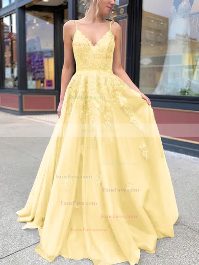 A-line V-neck Tulle Sweep Train Appliques Lace Prom Dresses #Favs020106787