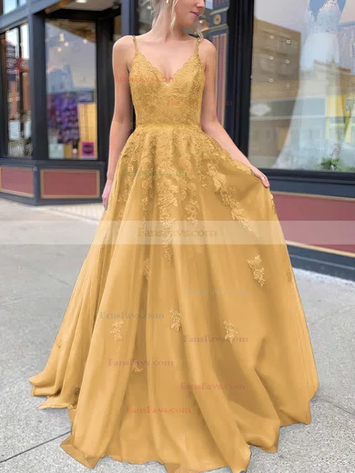 A-line V-neck Tulle Sweep Train Appliques Lace Prom Dresses #Favs020106787