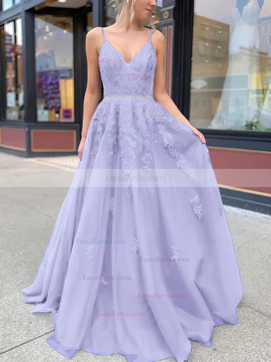 A-line V-neck Tulle Sweep Train Appliques Lace Prom Dresses #Favs020106787