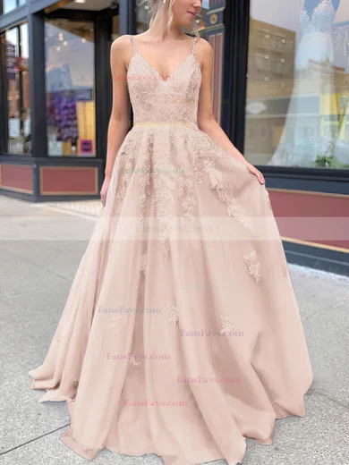 A-line V-neck Tulle Sweep Train Appliques Lace Prom Dresses #Favs020106787