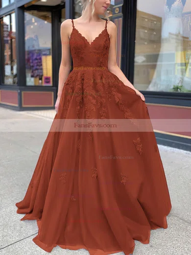 A-line V-neck Tulle Sweep Train Appliques Lace Prom Dresses #Favs020106787
