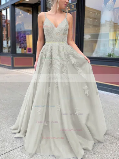 A-line V-neck Tulle Sweep Train Appliques Lace Prom Dresses #Favs020106787