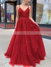 A-line V-neck Tulle Sweep Train Appliques Lace Prom Dresses #Favs020106787