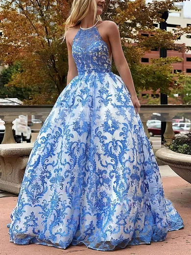 Princess Scoop Neck Lace Floor-length Pockets Prom Dresses #Favs020106790