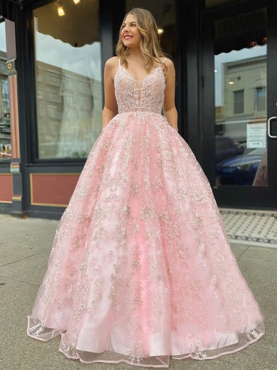 Ball Gown V-neck Tulle Floor-length Lace Prom Dresses #Favs020106791