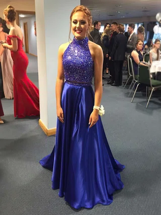 A-line High Neck Satin Sweep Train Beading Prom Dresses #Favs020103284 A-line High Neck Satin Sweep Train Beading Prom Dresses #Favs020103284