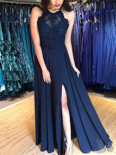 A-line Scoop Neck Chiffon Floor-length Lace Prom Dresses #Favs020106800