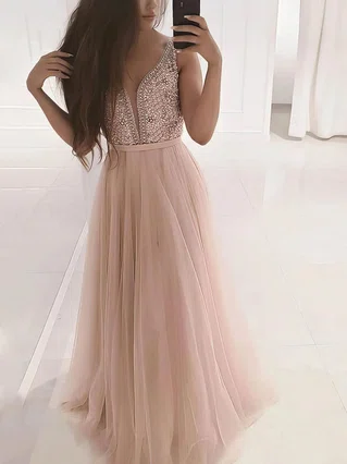 A-line V-neck Tulle Sweep Train Beading Prom Dresses #Favs020106817 A-line V-neck Tulle Sweep Train Beading Prom Dresses #Favs020106817
