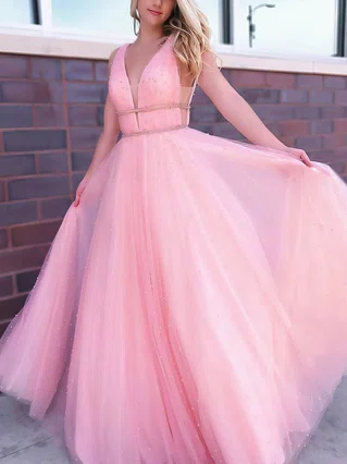 A-line V-neck Tulle Floor-length Beading Prom Dresses #Favs020106828 A-line V-neck Tulle Floor-length Beading Prom Dresses #Favs020106828