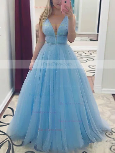 A-line V-neck Tulle Floor-length Beading Prom Dresses #Favs020106828