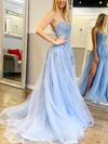 A-line Square Neckline Tulle Sweep Train Appliques Lace Prom Dresses #Favs020106840