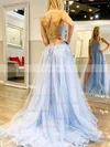 A-line Square Neckline Tulle Sweep Train Appliques Lace Prom Dresses #Favs020106840