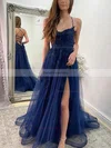 A-line Square Neckline Tulle Sweep Train Appliques Lace Prom Dresses #Favs020106840